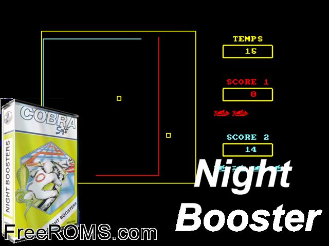 Night Booster (F) (1985) (PD) Amstrad CPC game showing 3D box cover and gameplay screenshot