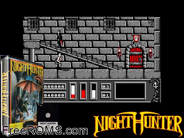 Night Hunter (F) (1989) Amstrad CPC game showing 3D box cover and gameplay screenshot