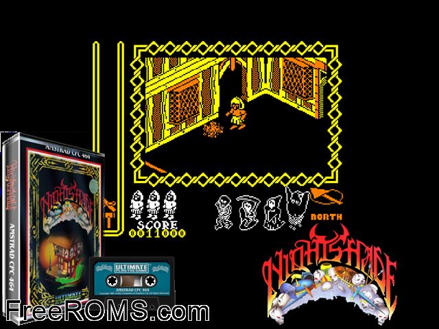 Night Shade (UK) (1985) Amstrad CPC game showing 3D box cover and gameplay screenshot