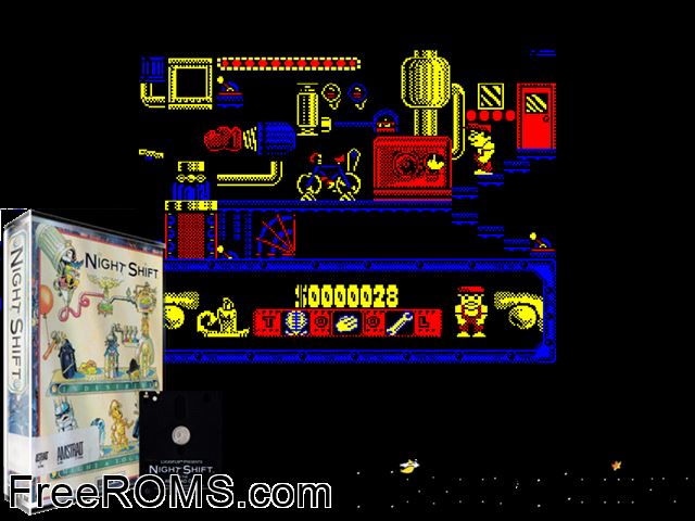 Night Shift (UK) (1990) Amstrad CPC game showing 3D box cover and gameplay screenshot