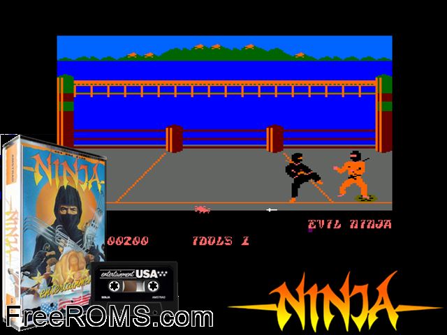 Ninja (Entertainment USA) (UK) (1987) Amstrad CPC game showing 3D box cover and gameplay screenshot