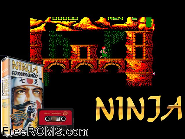 Ninja Commando (UK) (1988) [t1] Amstrad CPC game showing 3D box cover and gameplay screenshot