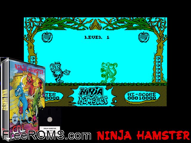 Ninja Hamster (UK) (1987) Amstrad CPC game showing 3D box cover and gameplay screenshot