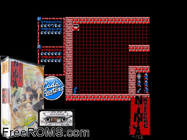 Ninja Massacre (UK) (19xx) Amstrad CPC game showing 3D box cover and gameplay screenshot