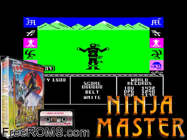 Ninja Master, The (UK) (1986) Amstrad CPC game showing 3D box cover and gameplay screenshot