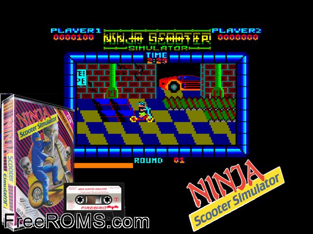Ninja Scooter Simulator (UK) (1988) Amstrad CPC game showing 3D box cover and gameplay screenshot