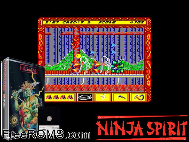 Ninja Spirit (UK) (1990) Amstrad CPC game showing 3D box cover and gameplay screenshot