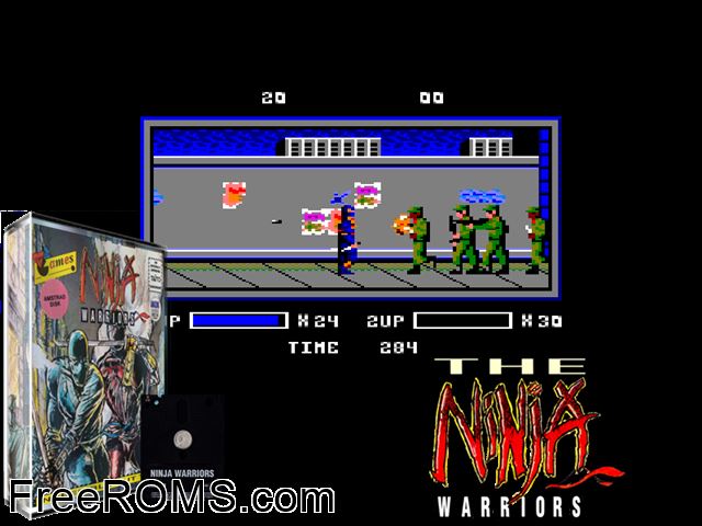 Ninja Warriors, The (UK) (1989) Amstrad CPC game showing 3D box cover and gameplay screenshot