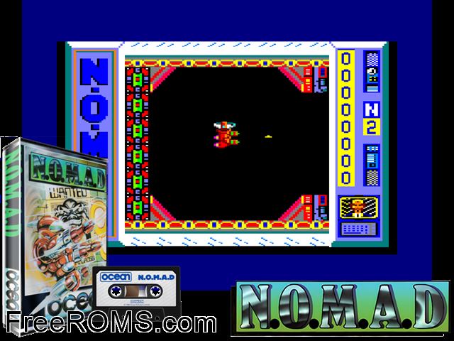 Nomad (UK) (1986) Amstrad CPC game showing 3D box cover and gameplay screenshot