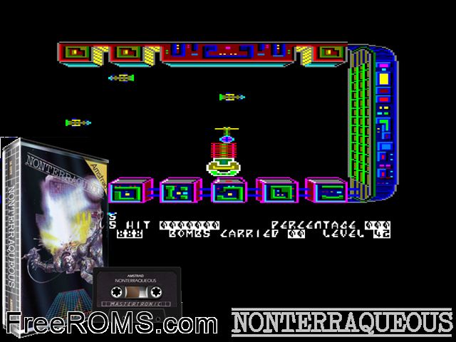 Nonterraqueous (UK) (1985) Amstrad CPC game showing 3D box cover and gameplay screenshot