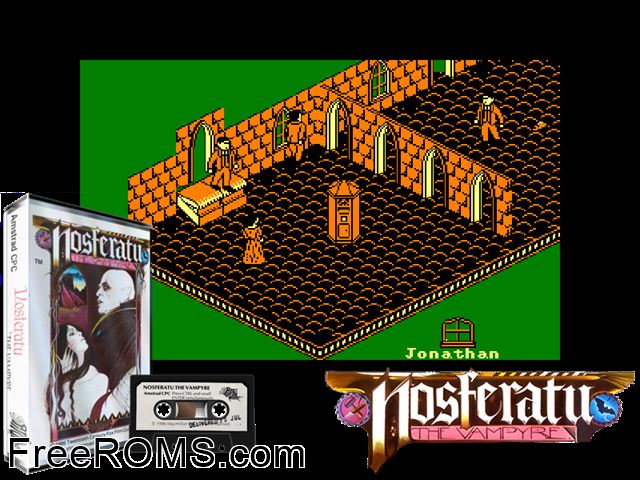 Nosferatu the Vampyre (UK) (1986) Amstrad CPC game showing 3D box cover and gameplay screenshot