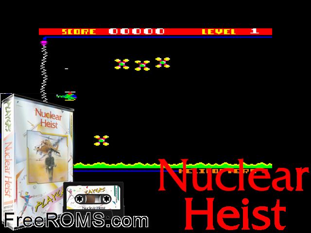 Nuclear Heist (UK) (1986) Amstrad CPC game showing 3D box cover and gameplay screenshot