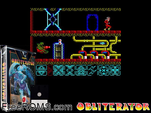 Obliterator (UK) (1989) Amstrad CPC game showing 3D box cover and gameplay screenshot