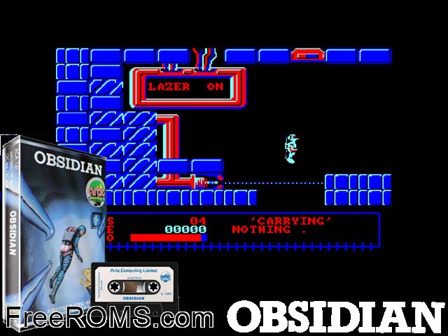 Obsidian (UK) (1985) Amstrad CPC game showing 3D box cover and gameplay screenshot