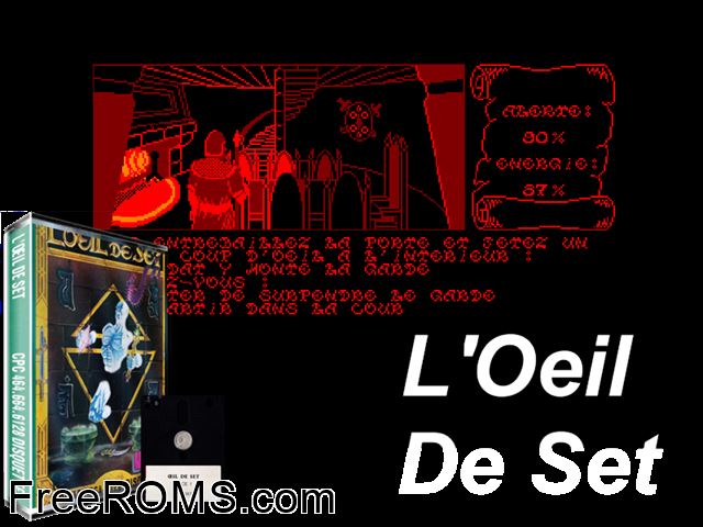 Oeil De Set, L' (F) (1987) (Disk 1 of 2) Amstrad CPC game showing 3D box cover and gameplay screenshot