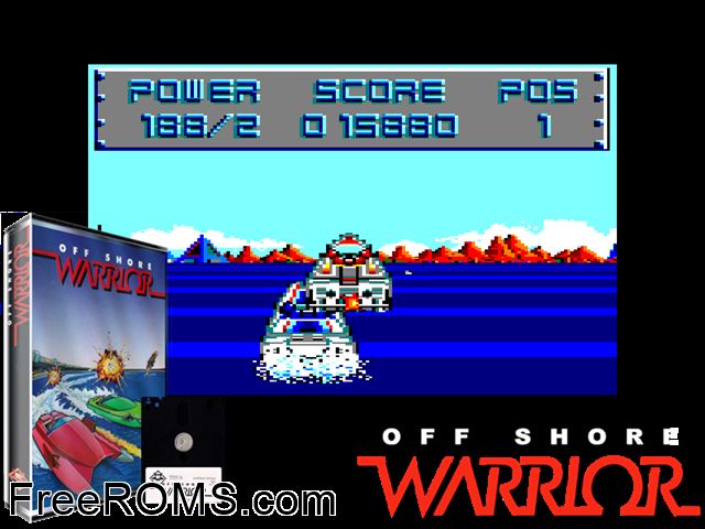 Off Shore Warrior (UK) (1989) Amstrad CPC game showing 3D box cover and gameplay screenshot