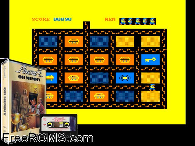 Oh Mummy (UK) (1984) [a2] Amstrad CPC game showing 3D box cover and gameplay screenshot