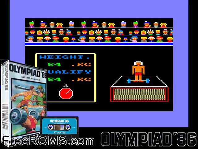 Olympiad (UK) (1986) Amstrad CPC game showing 3D box cover and gameplay screenshot