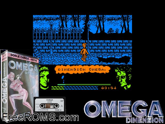 Omega Dimension (S) (1989) Amstrad CPC game showing 3D box cover and gameplay screenshot