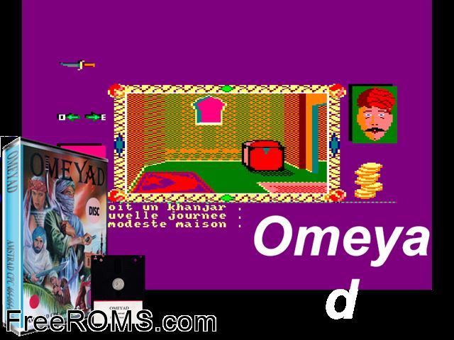 Omeyad (F) (1989) Amstrad CPC game showing 3D box cover and gameplay screenshot