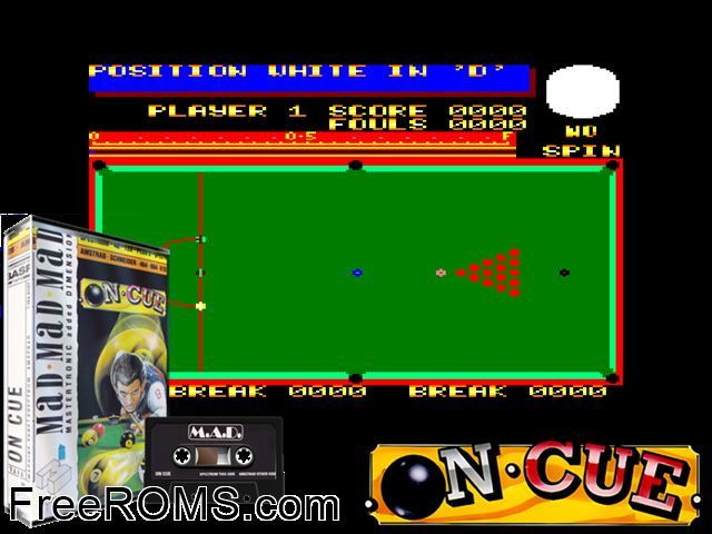 On Cue (UK) (1987) Amstrad CPC game showing 3D box cover and gameplay screenshot