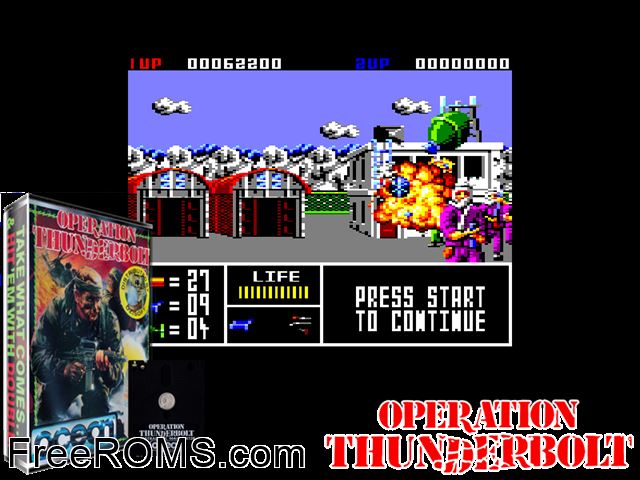 Operation Thunderbolt (UK) (1989) Amstrad CPC game showing 3D box cover and gameplay screenshot