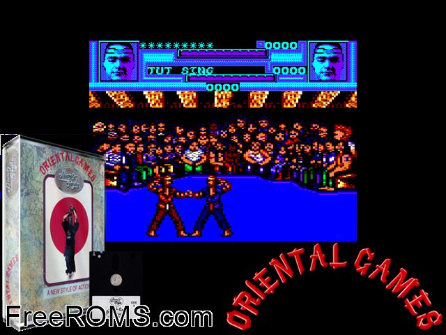 Oriental Games (UK) (1990) Amstrad CPC game showing 3D box cover and gameplay screenshot