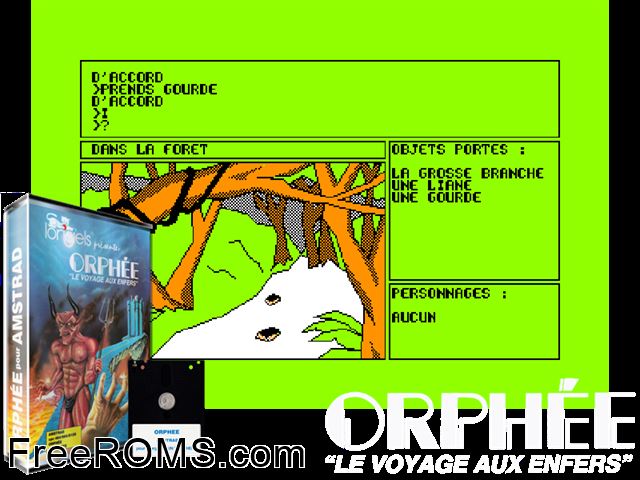 Orphee (F) (1985) (Disk 1 of 2) Amstrad CPC game showing 3D box cover and gameplay screenshot