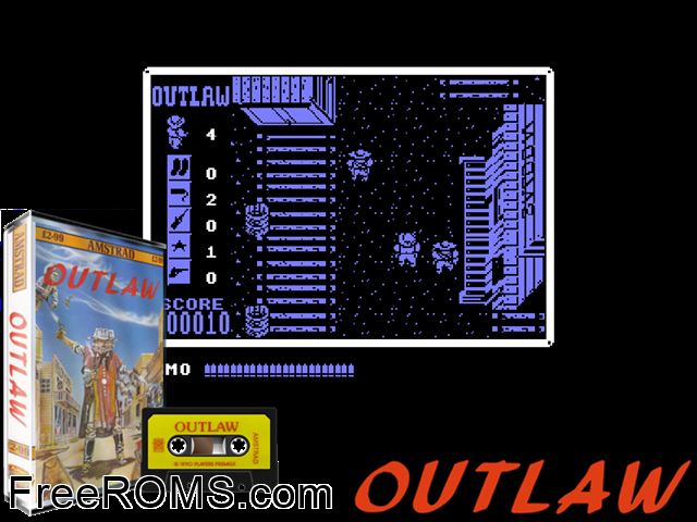 Outlaw (UK) (1990) Amstrad CPC game showing 3D box cover and gameplay screenshot