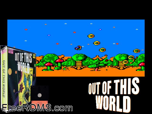Out of this World (UK) (1987) Amstrad CPC game showing 3D box cover and gameplay screenshot