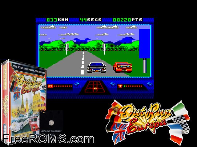 Out Run Europa (UK) (1991) (Disk 1 of 2) Amstrad CPC game showing 3D box cover and gameplay screenshot