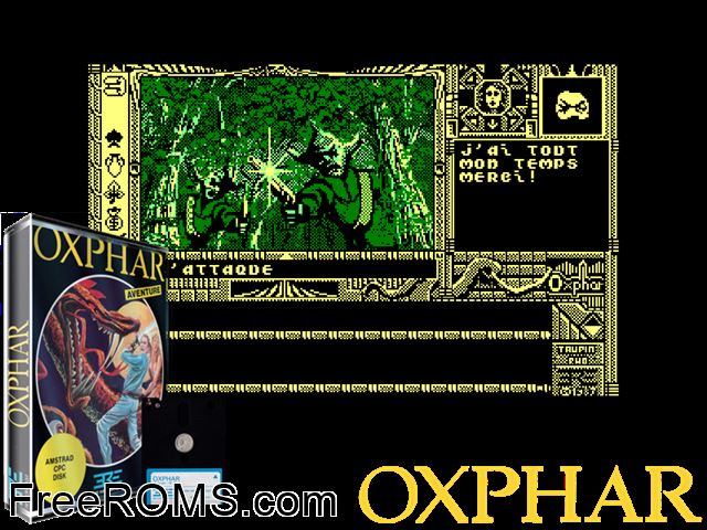 Oxphar (F) (1988) (Disk 2 of 2) Amstrad CPC game showing 3D box cover and gameplay screenshot