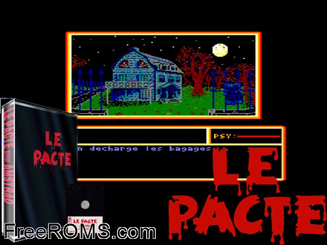 Pacte, Le (F) (1986) (Disk 2 of 2) Amstrad CPC game showing 3D box cover and gameplay screenshot