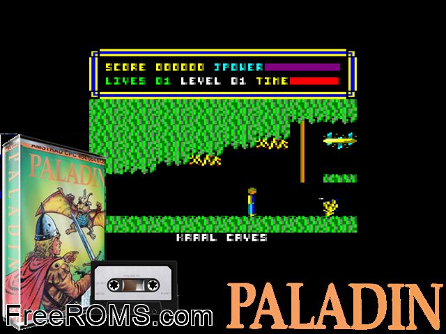 Paladin (UK) (1987) Amstrad CPC game showing 3D box cover and gameplay screenshot