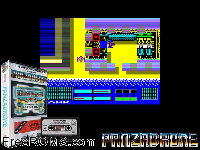 Panzadrome (UK) (1985) Amstrad CPC game showing 3D box cover and gameplay screenshot