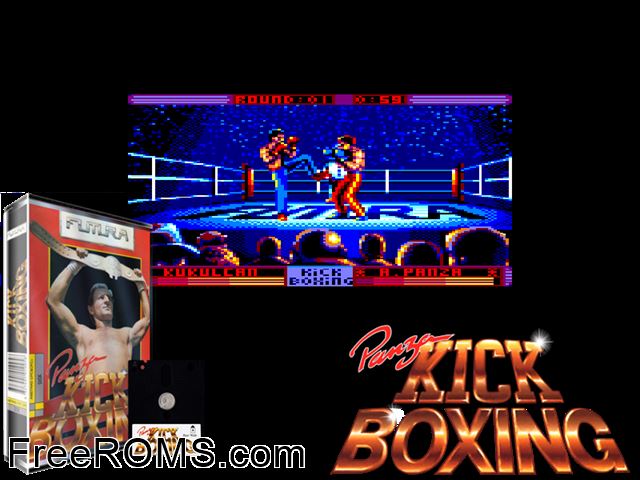 Panza Kick Boxing (UK) (1990) Amstrad CPC game showing 3D box cover and gameplay screenshot