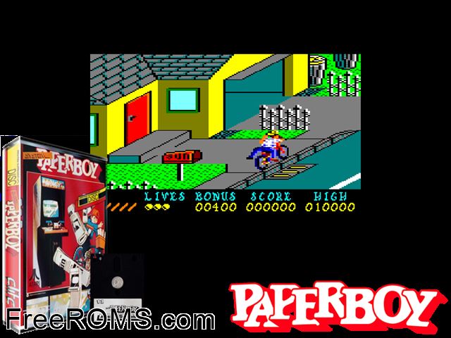 Paperboy (S) (19xx) Amstrad CPC game showing 3D box cover and gameplay screenshot