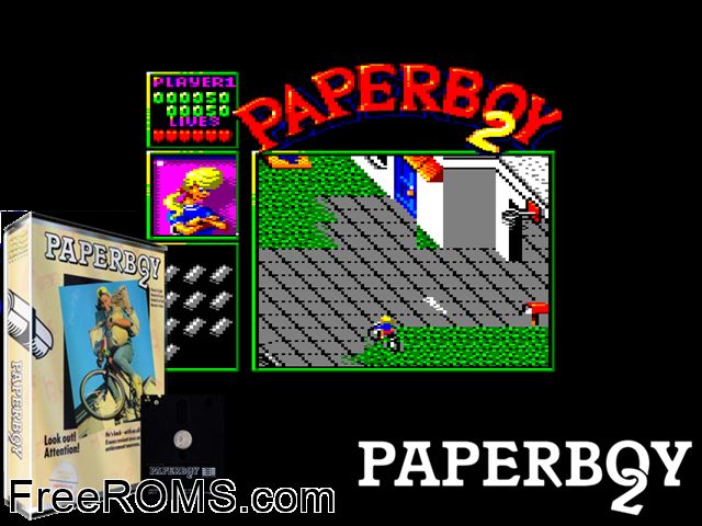 Paperboy 2 (UK) (1991) Amstrad CPC game showing 3D box cover and gameplay screenshot