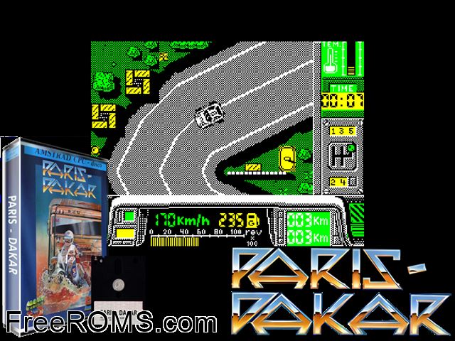 Paris Dakar (S) (1988) Amstrad CPC game showing 3D box cover and gameplay screenshot