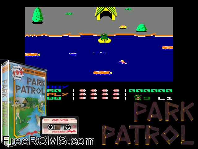Park Patrol (UK) (1986) Amstrad CPC game showing 3D box cover and gameplay screenshot