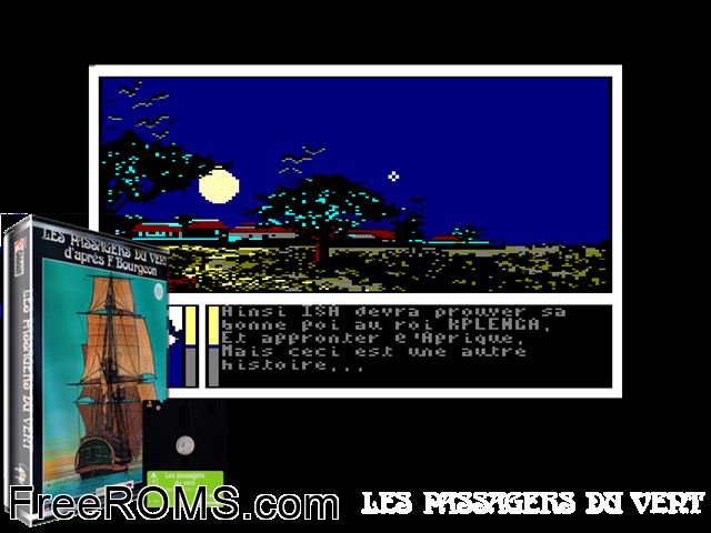 Passagers du Vent, Les (F) (1986) (Disk 2 of 2) Amstrad CPC game showing 3D box cover and gameplay screenshot
