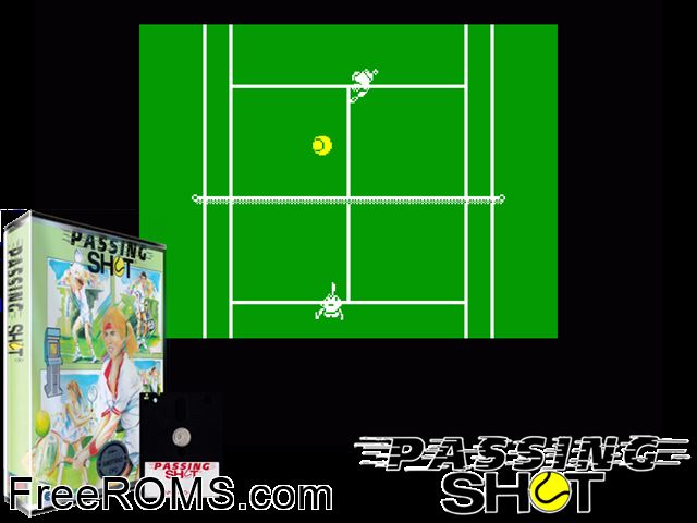 Passing Shot (UK) (1988) Amstrad CPC game showing 3D box cover and gameplay screenshot