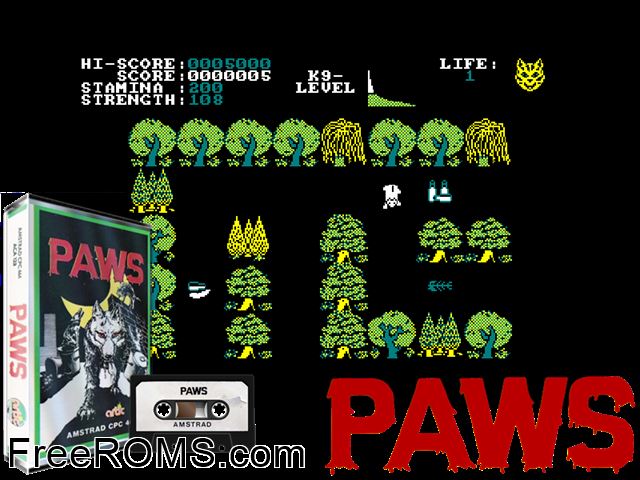 Paws (UK) (1985) Amstrad CPC game showing 3D box cover and gameplay screenshot