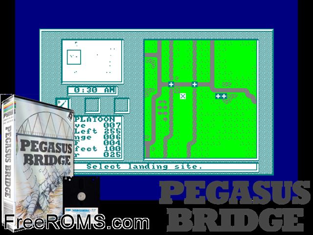 Pegasus Bridge (UK) (1987) Amstrad CPC game showing 3D box cover and gameplay screenshot