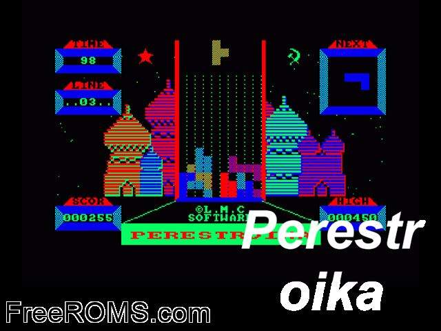 Perestroika (UK) (1985) Amstrad CPC game showing 3D box cover and gameplay screenshot