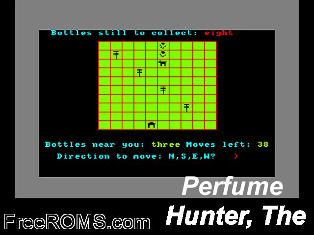 Perfume Hunter, The (UK) (1986) Amstrad CPC game showing 3D box cover and gameplay screenshot