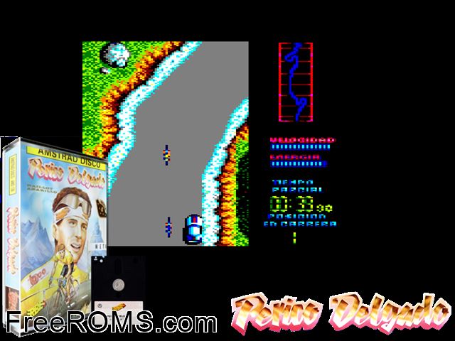 Perico Delgado Maillot Amarillo (S) (1989) Amstrad CPC game showing 3D box cover and gameplay screenshot