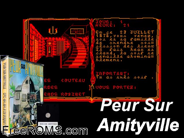 Peur Sur Amityville (F) (1987) (Disk 2 of 2) Amstrad CPC game showing 3D box cover and gameplay screenshot
