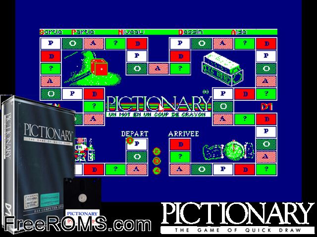 Pictionary (F) (1989) Amstrad CPC game showing 3D box cover and gameplay screenshot