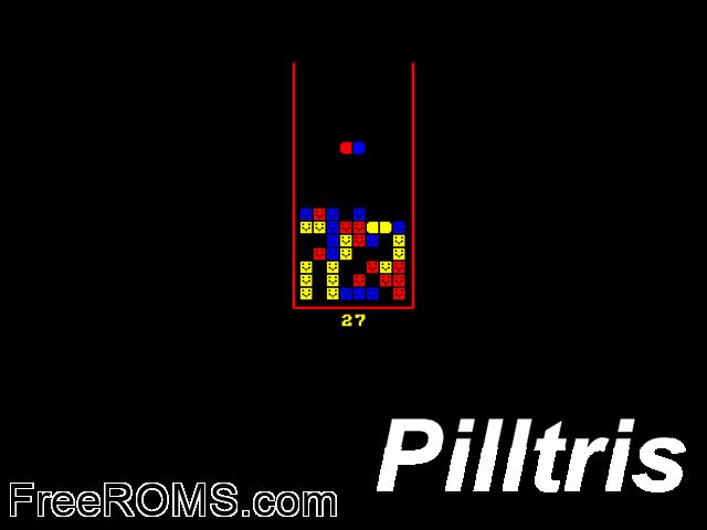 Pilltris (UK) (19xx) Amstrad CPC game showing 3D box cover and gameplay screenshot